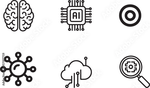 Artificial intelligence technology icons set featuring brain chip cloud and network data symbols. Vector illustration