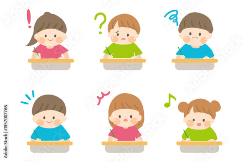 テストを受ける子どもたちの表情セット
