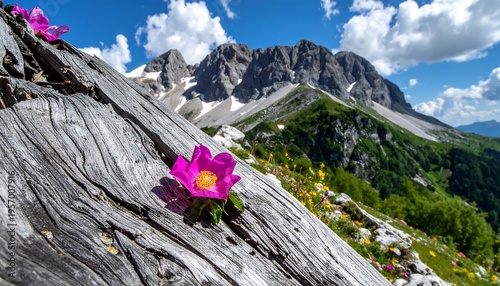 Vibrant Pink Flowers Bloom on Rugged Mountain Slope Under Blue Sky.