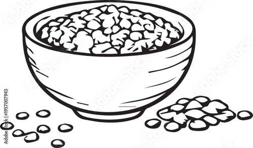 A precise hand-drawn vector of beans in a bowl, featuring clean lines and no unnecessary details. Ideal for food, agriculture, and organic product design projects.