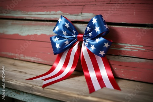 Patriotic American Flag Ribbon Bow on Rustic Wooden Surface for Holiday Celebrations and Decorations