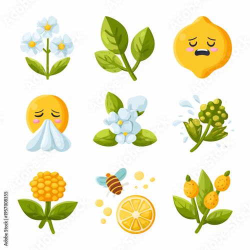 Allergy season emoji collection with flowers lemon and bee