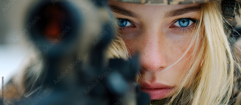 Fototapeta premium Close-up of a female soldier holding a weapon.