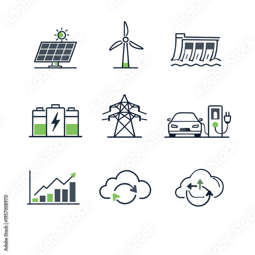 Energy sources and analytics icons bundle