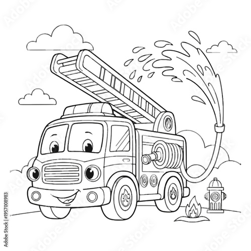 Cute cartoon fire truck spraying water near hydrant and flame isolated on transparent background