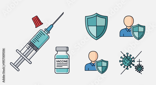 Vaccine icons with shield and virus protection symbols vector set