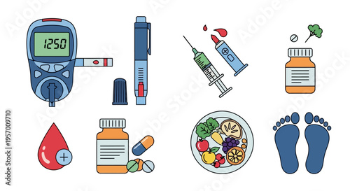 Diabetes management and care concept with medical supplies and healthy food