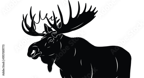 Striking black silhouette of a majestic moose, featuring impressive broad antlers, standing proudly against a pristine white background.