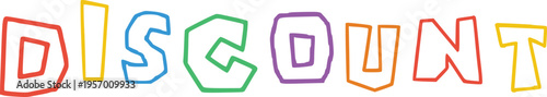 Discount word illustration featuring multicolored hand drawn outlines for retail sales and promotional marketing ads