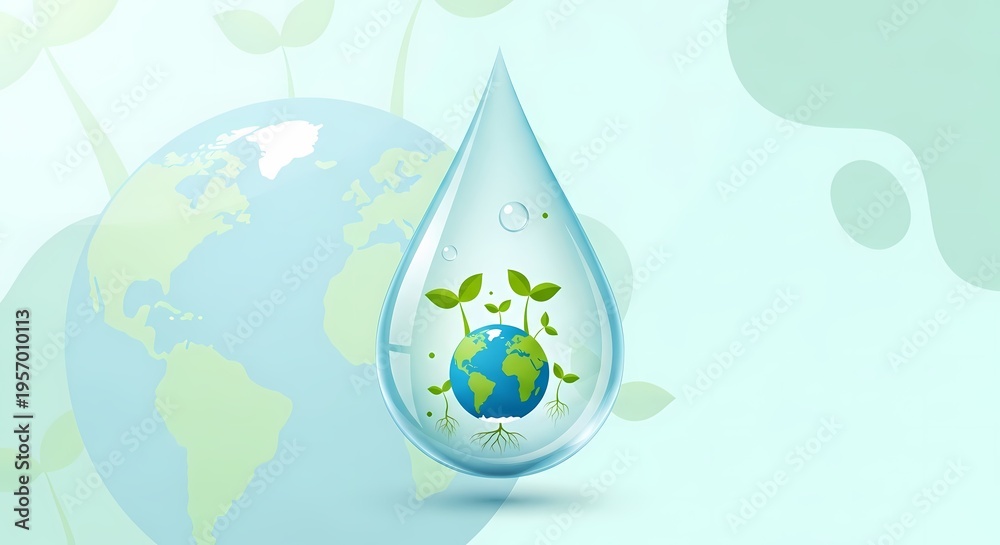 Fototapeta premium A clear water droplet encapsulating a small Earth globe with green sprouts, symbolizing global water conservation and environmental protection.