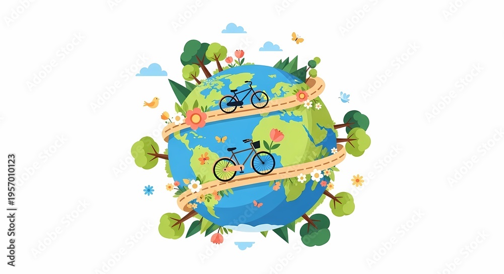 Naklejka premium A vibrant illustration of Earth with bicycles on a winding path, symbolizing global sustainable travel and environmental awareness.