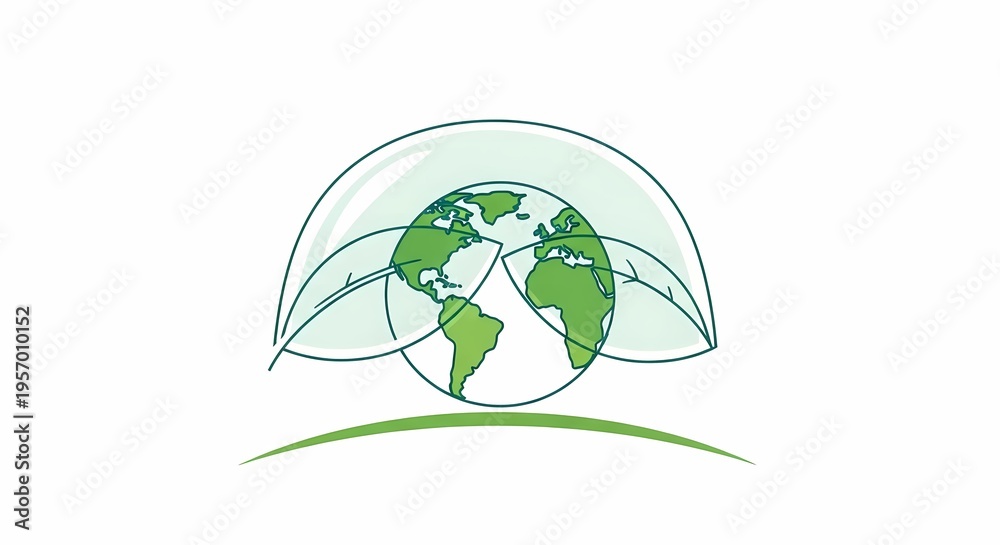 Obraz premium Stylized green globe with a protective transparent dome and leaf-like elements, symbolizing environmental protection and global sustainability.