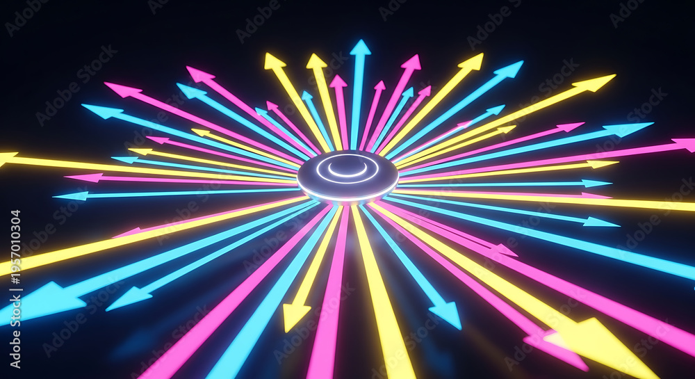 Fototapeta premium A glowing disc with neon arrows radiating outwards in pink blue and yellow on a dark background ai generated