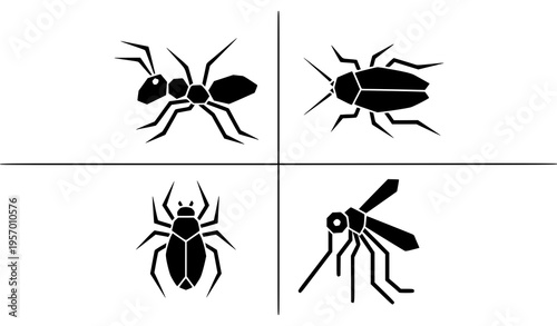 Geometric insect pictogram icons ant cockroach spider mosquito modern black vector set isolated on white background