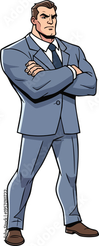 Confident businessman in a suit with arms crossed exuding authority and professionalism.