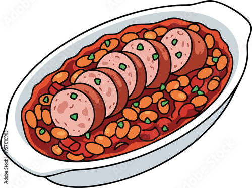 Delicious baked beans with sliced sausage in a white dish.
