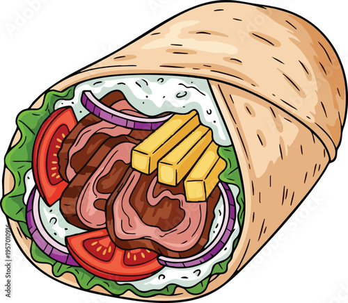 Delicious Gyro Wrap Filled with Meat Tomatoes Onions and Fries.
