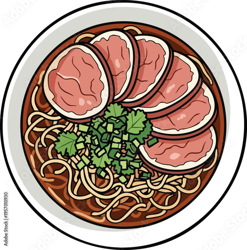 Delicious bowl of beef noodle soup with fresh herbs.