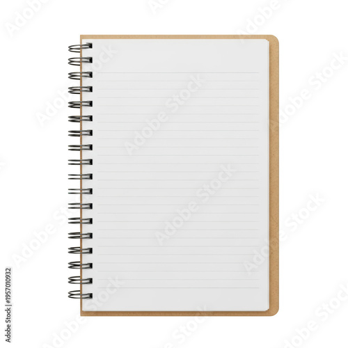 A brown spiral notebook with lined paper isolated on transparent background
