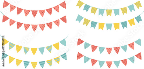Colorful Party Bunting Flags Illustration Set with Decorative Hanging Garlands in Flat Style for Celebration Events, Birthday Decor, Festival Design, and Festive Background Elements