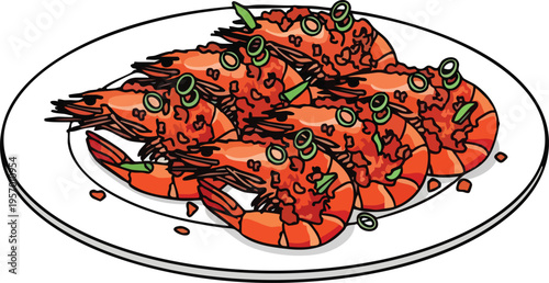 Delicious Plate of Spicy Shrimp with Green Onions.