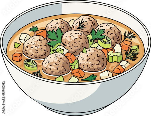 Hearty Meatball Soup with Vegetables in a Bowl.