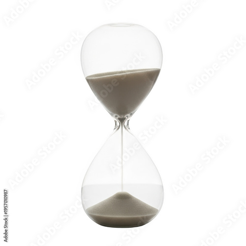 Hourglass with sand flowing from top to bottom isolated on transparent background