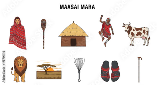 Ten illustrations representing Maasai Mara culture and wildlife a woman stick hut dancer cow lion savanna whisk sandals and cane