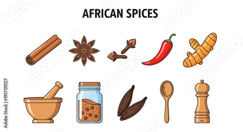 Cartoon illustration of various spices and cooking utensils arranged in two rows