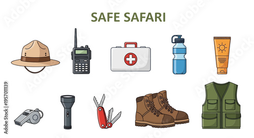 Illustration of essential gear items for a safe safari laid out in two rows