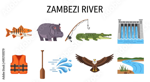 Illustrations related to the Zambezi River including wildlife recreation and infrastructure