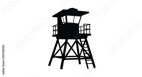 A stark black watchtower stands against a white background silhouette