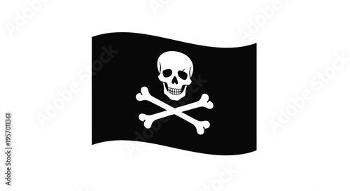 A black flag displays a skull and crossbones a pirate silhouette