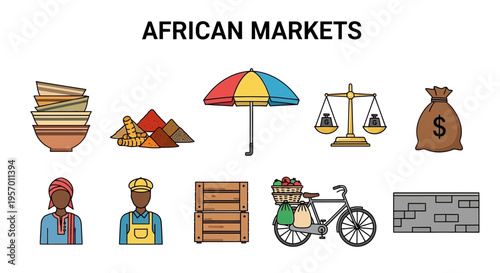 Collection of colorful flat icons representing elements of African markets