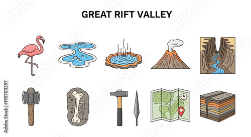 Illustration featuring Great Rift Valley elements flamingo lake hot spring volcano canyon ax fossil hammer spear map strata