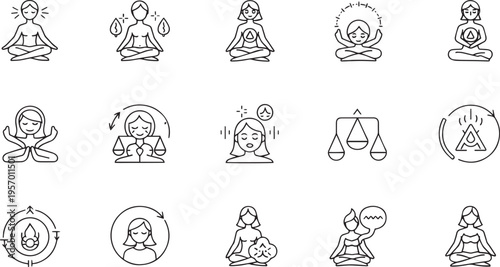 Meditation and Mental Wellness Line Art Icons Set