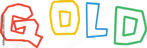 Colorful hand-drawn word gold, outlined in red, yellow, blue, and green, appearing on transparent checkered background