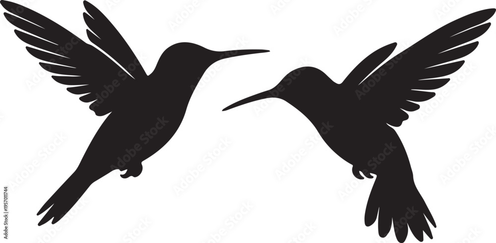Fototapeta premium Minimalist Hummingbird Silhouette Set Elegant Flying Bird Vector Icons, Flying Pollinator Graphics for Logo and Branding