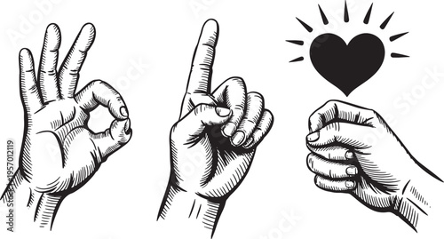 Hands gestures communicating concept for ok number one and love heart symbol sign graphic. Vector illustration