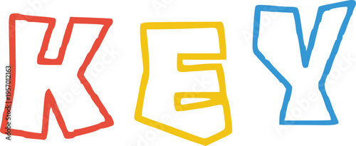 Bold letters spelling key colorful bright playful outlined uppercase alphabet with clear background cartoon style graphic element