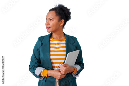 Confident black business woman holding tablet looking away, leadership and entrepreneurship concept on transparent background