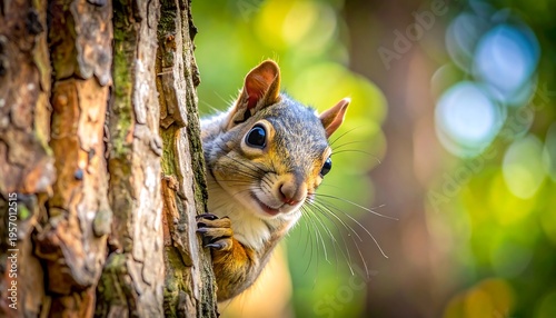 Curious Eastern Gray Squirrel Peeking from Tree Trunk in Autumn Forest.
