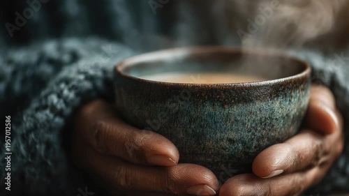 Cozy Embrace: A pair of hands cradles a steaming bowl, its warmth radiating through the shot and offering a sense of comfort and home