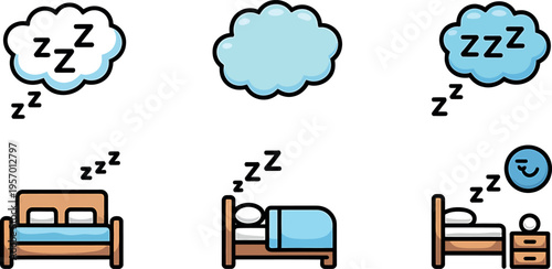 Sleeping icons set with bed and dream cloud vector illustration isolated on transparent background