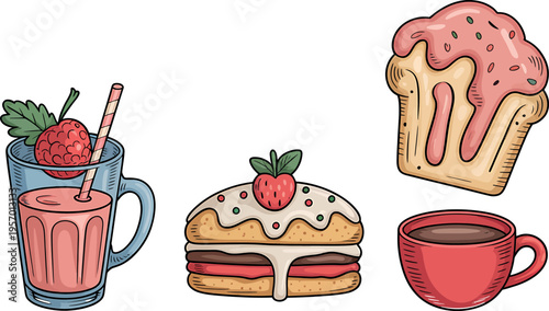Breakfast set with strawberry smoothie cupcake layered cake and coffee cup in flat cartoon style. Vector illustration