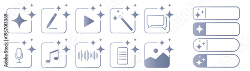 Set of AI assistant icons with magic wand, image, video, music and chat symbols. Artificial intelligence tools for content creation, creative automation and generative design interface for apps 