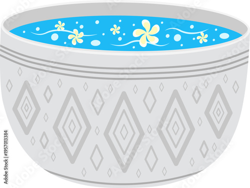 Gray Pot with Water and Petals, Vector Illustration for Thai New Year Festival Songkran