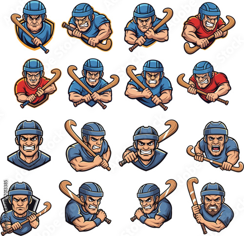 Field hockey mascot vector illustration set featuring aggressive male players with helmets and sticks for team sports logo design
