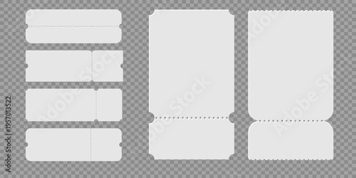 Set of blank admission tickets with torn perforated edges for event invitations, raffle coupons and lottery card layouts in various styles