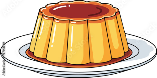 Delicious Caramel Custard Pudding Dessert on a White Plate.